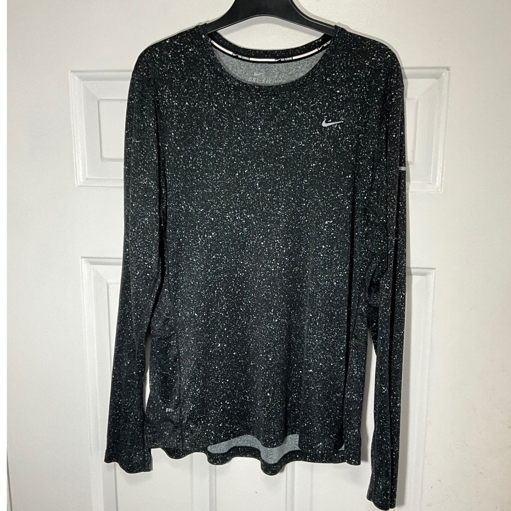 Nike Miler Dri-FIT Running Top Womens XL Black White Speckled Long Sleeve Shirt
